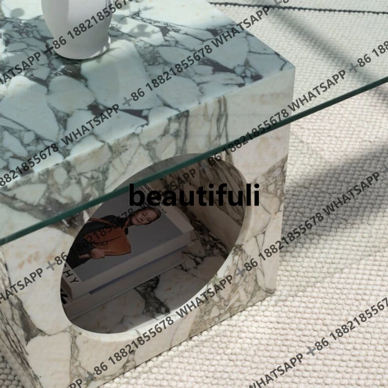 Natural marble glass coffee table household square coffee table Italian minimalist tea table