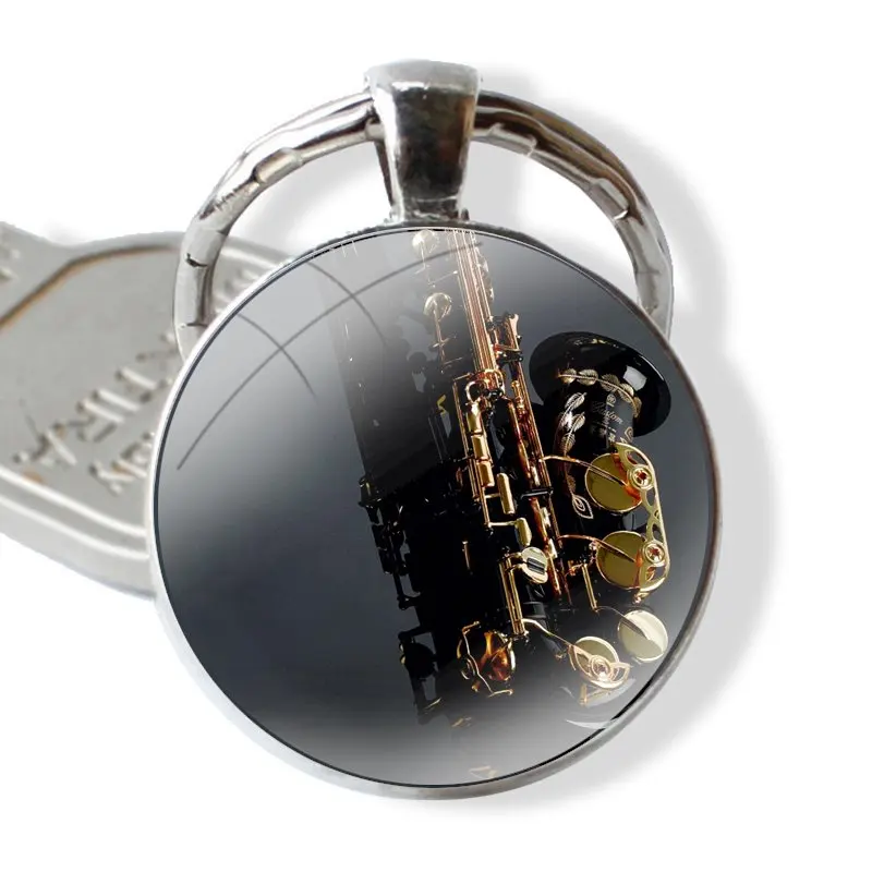 Musical instrument saxophone Keychain Handmade Glass Cabochon Key Ring Holder Pendant Key Chains