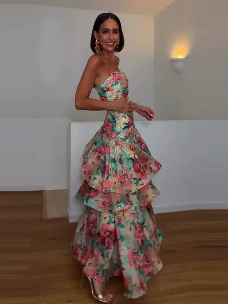Bedrucktes, tailliertes, langes Slip-Kleid für Damen, sexy, ärmellos, rückenfrei, mit Falten, kaskadierenden Rüschen, großem Rock, Party- und Abendkleid, neu – Detail 7