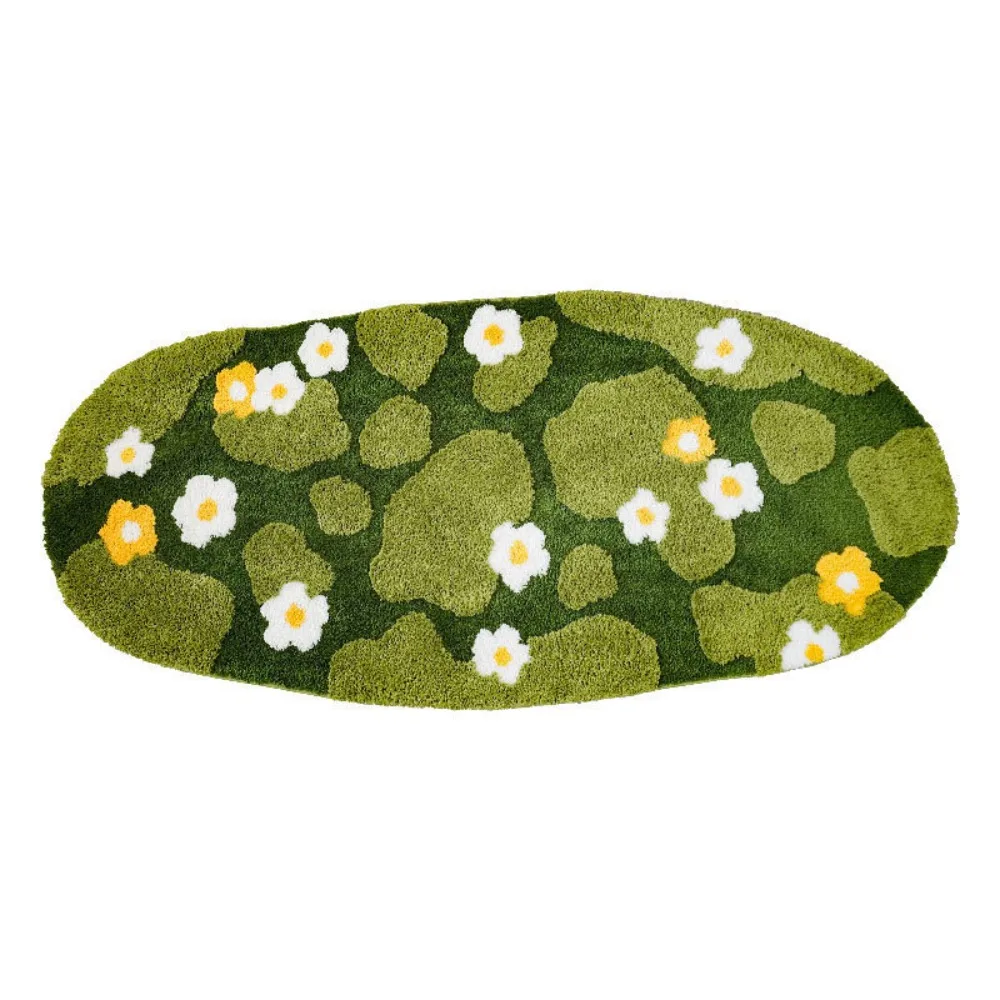Wohndekor Unregelmäßiger Imitat-Kaschmir-Teppich Rutschfester Saugfähiger Bettvorleger Weicher Blumenmuster Grüner Moos-Teppich Schlafzimmer