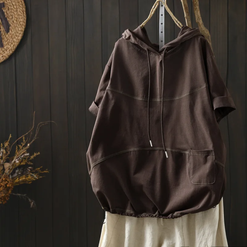 Women Summer New Sweet Mori Girl Solid Color Hooded T-Shirt Plus Size Short Sleeve Casual Loose Hoodie Tee Shirt Tops