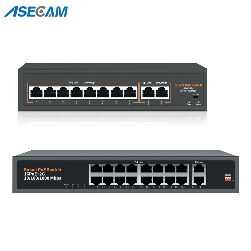48V-52V POE POE Switch 8/16 Ports 10/1000Mbps IEEE 802.3 af/at Over Ethernet IP Camera Wireless AP CCTV Camera Security System