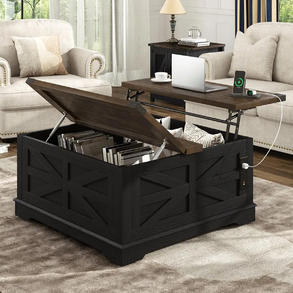 

36 Farmhouse Movable Lift Top Coffee Table with Storage and Power Outlets, Square Wood Living Room Tables with Wheels&Large Hidd