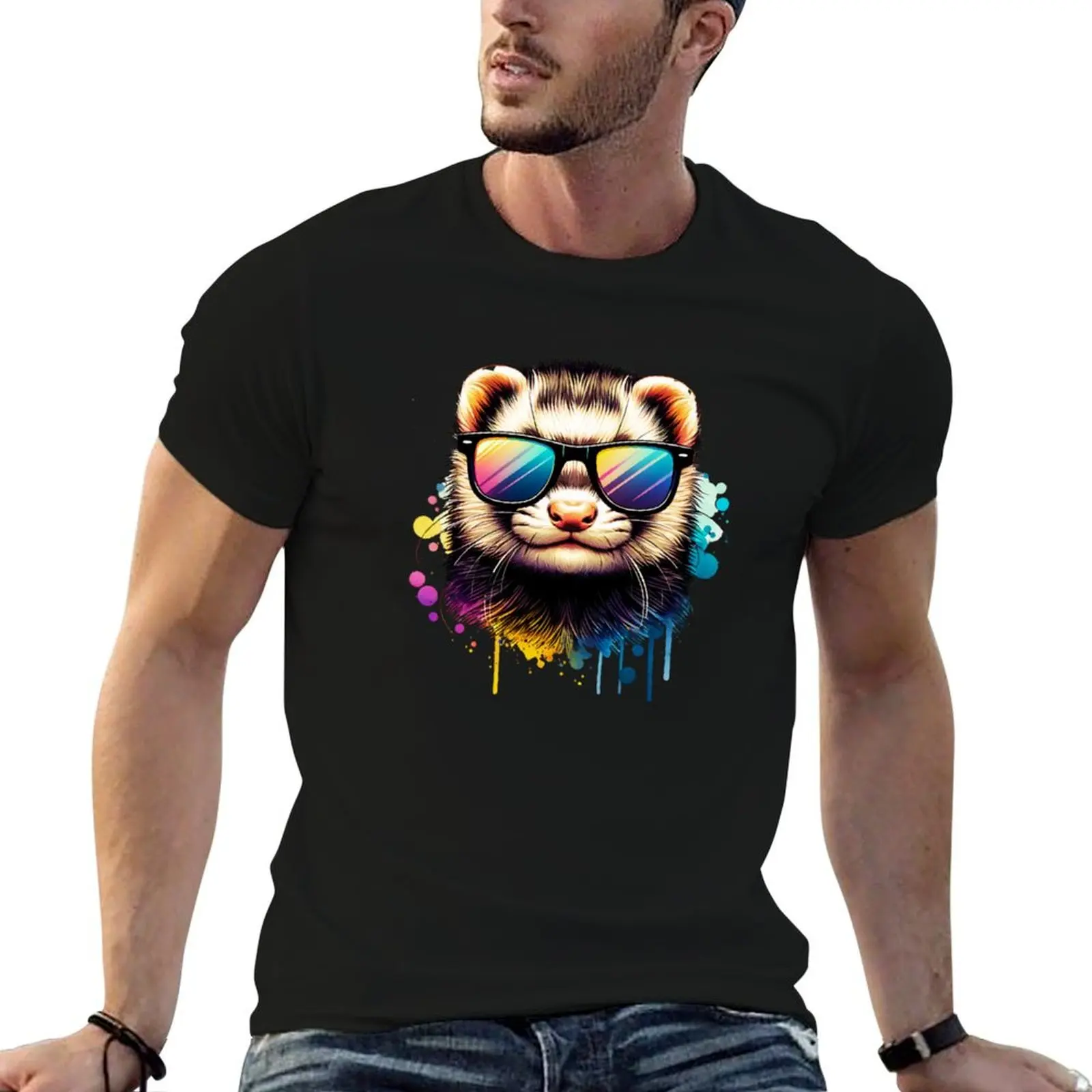

Watercolor Ferret Wearing Sunglasses T-Shirt funny t shirts cotton t shirts cotton 100% t shirts for man graphic vintage T-shirt