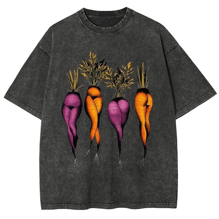 

Radish Print Washed Denim T-shirt Unisex Loose Short Casual Design Clothes Y2K American Retro Hip Hop Top