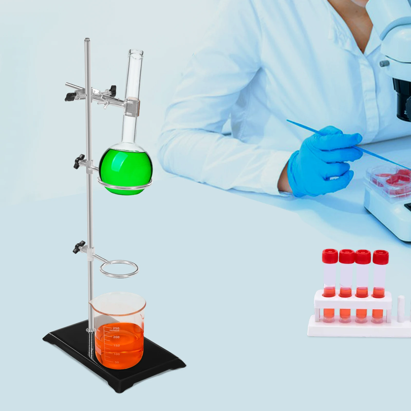 Lab Stand Support Laboratory Retort Set Steel Lab Stand 21" Rod with Ring and Clamp, Adjustable Laboratory Support Stand