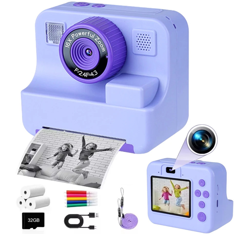 Instant Print Camera with 32G Card Thermal Photo Printing Digital Children Camera Video Photography Educational Toy Kids Gift