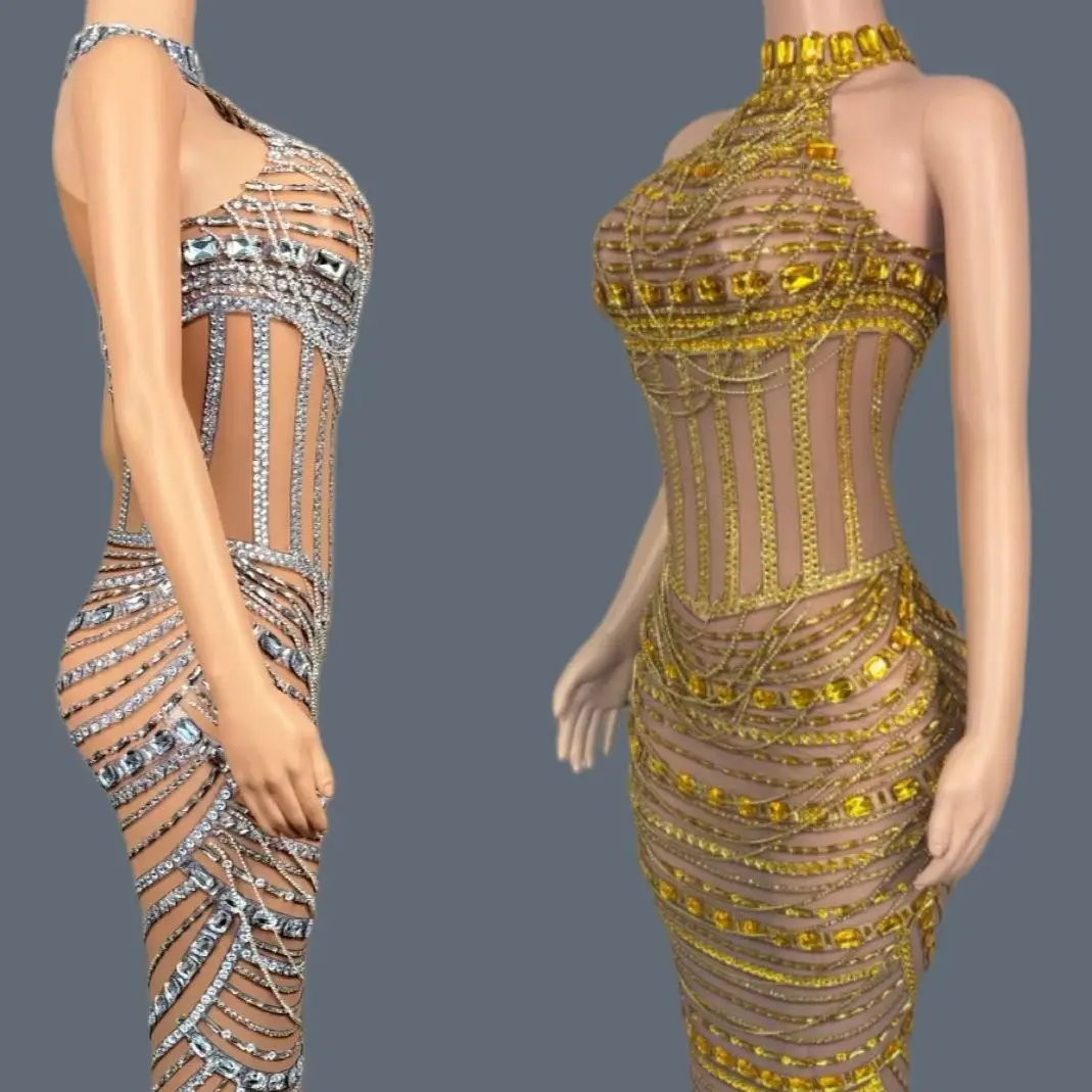 

High-end Sparkly Rhinestone Couture Crystals Chains Celebrate Party Holiday Birthday Outfit Night Out Sexy Women Dress Guidao