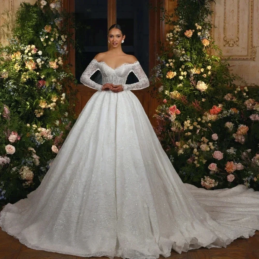 Customized Graceful A Line Long Sleeve Wedding Dress Lace Applique Beaded Vestido De Novia Bridal Gown Robe De Mariee