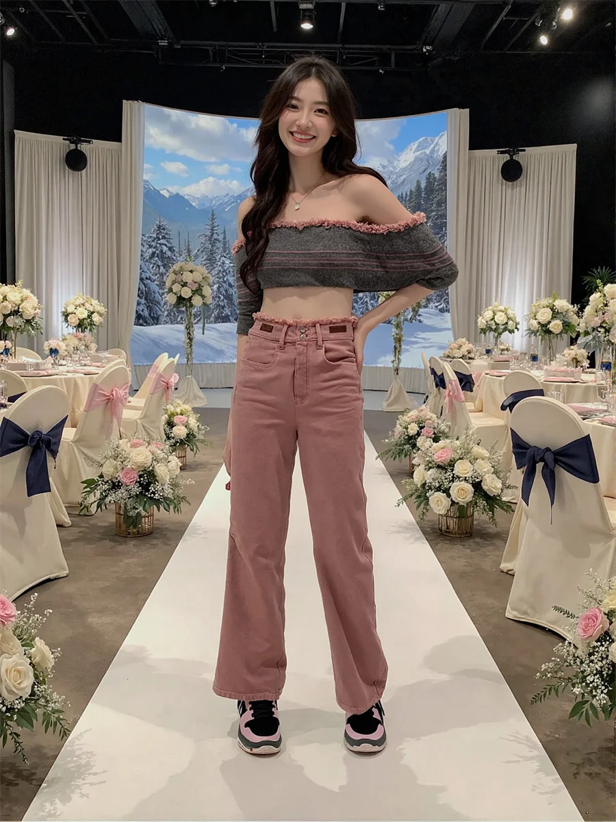 Hoge taille wijde pijpen jeans voor meisjes denim broek dameskleding herfst dubbellaags recht kruis gothic feestkleding avondfeest