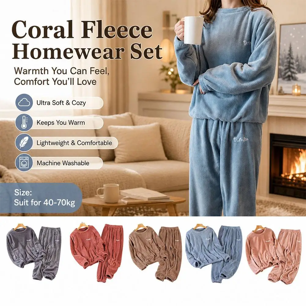 Coral Fleece Homewear Set Pajamas Women Winter Warm Fluffy Sleepwear Thickened Loungewear 40-70kg Long Sleeve Pants Tracksuit