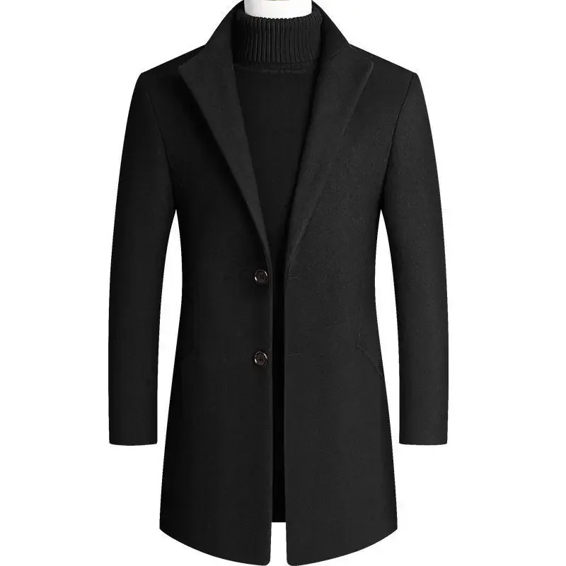 European and American Men's Wool Coat for Autumn and Winter Mid-Long Windbreaker Thickened Men Clothing, Solid Color Suit Jacket