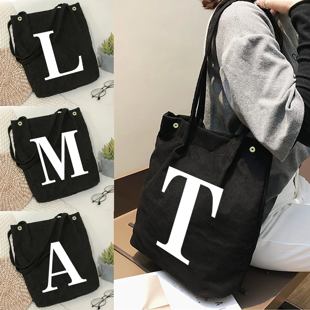 

2025 Women's Corduroy Shoulder Bag Reusable Shopping Bag Casual Handbag Women's Handbag Fashion White Letter Printing Series