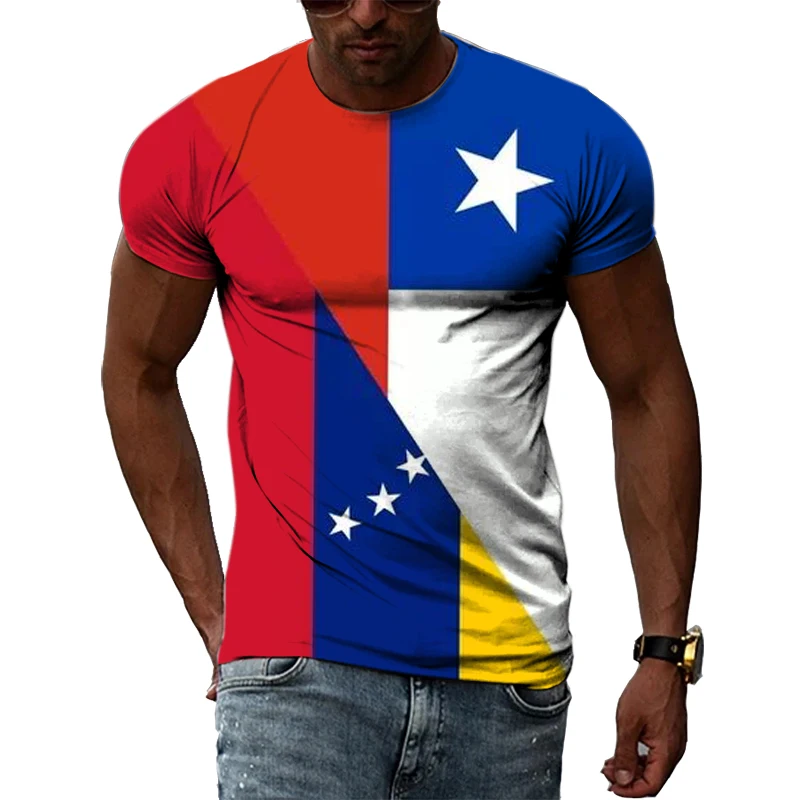 Men's Summer T-shirt 3D Print Hip Hop Harajuku round Neck Short Sleeve Fashion Natural Scenery Chile Map And Flag Design