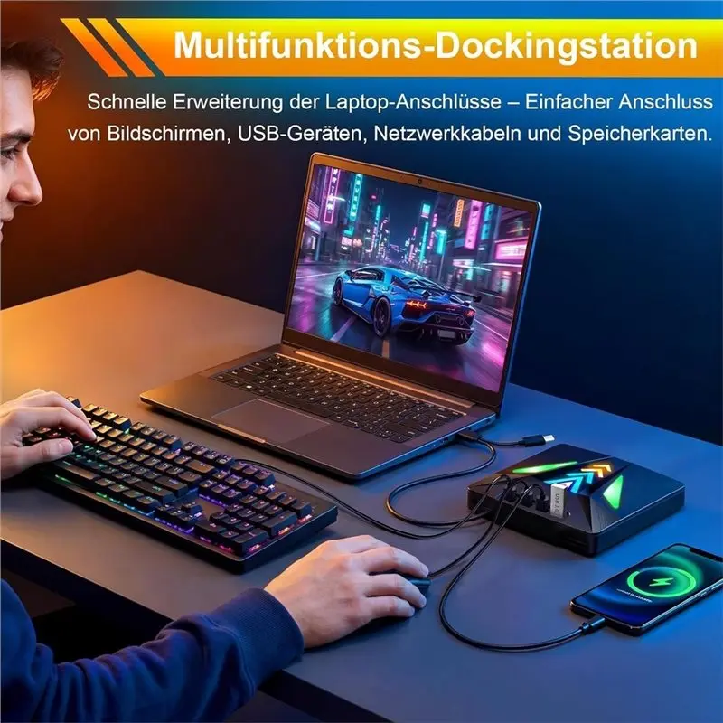 FEDI-External USB 3.0 CD/DVD Drive With 4 USB Ports And SD/TF Card Reader,+/-RW ROM Burner With LED Light For Laptop, PC