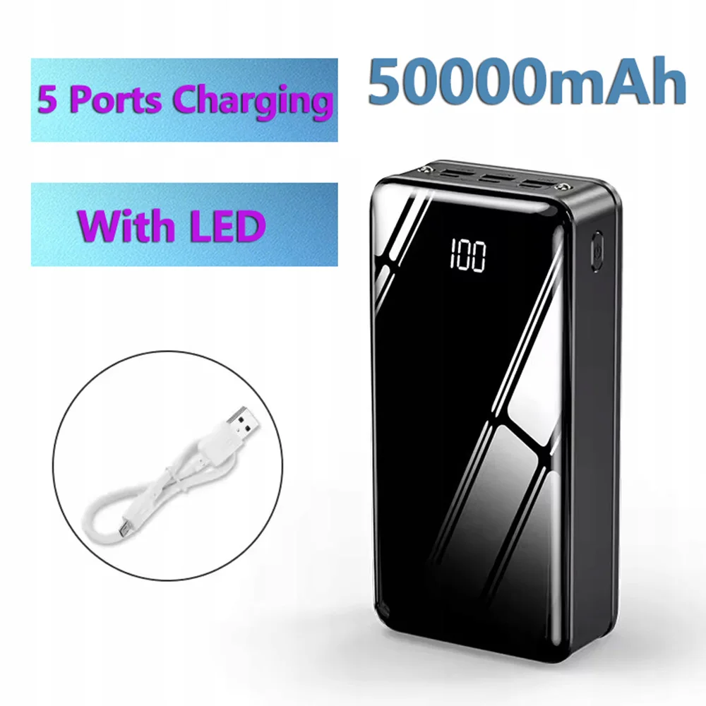 50000 mAh Powerbank mit schnellem Laden für iPhone, Xiaomi, Samsung, Powerbank mit 5 Ladeanschlüssen, tragbares Ladegerät mit LED-Taschenlampe