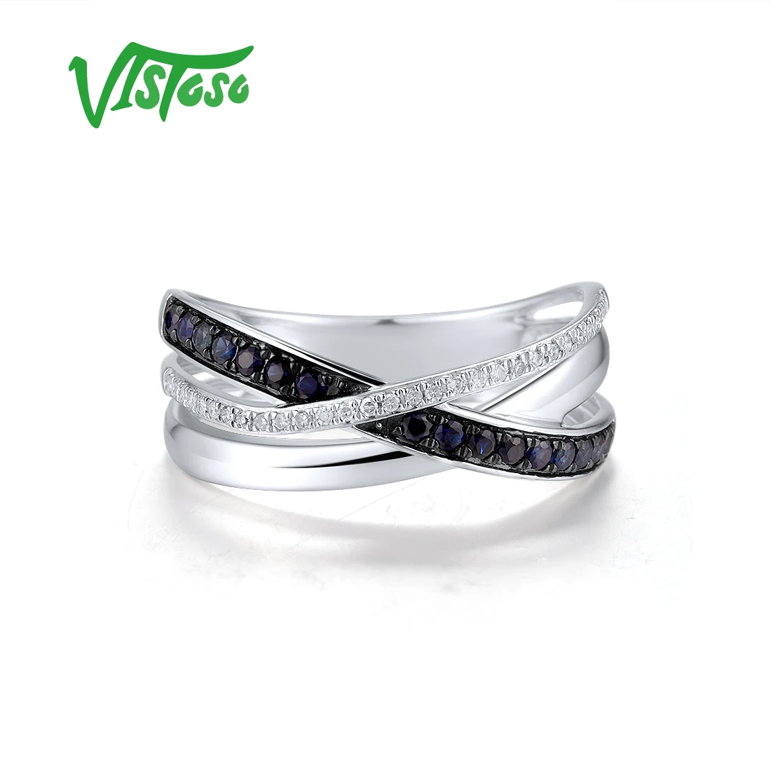 VISTOSO Authentic 14K 585 White Gold Rings For Women Sparkling Diamond Blue Sapphire Classic Wedding Engagement Fine Jewelry