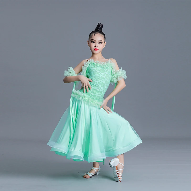 Kids Ballroom Dance Competition Dress Lace Standard Dancing Clothes Girls Tango Practice Wear Waltz Dance Stage Costume VDB6646