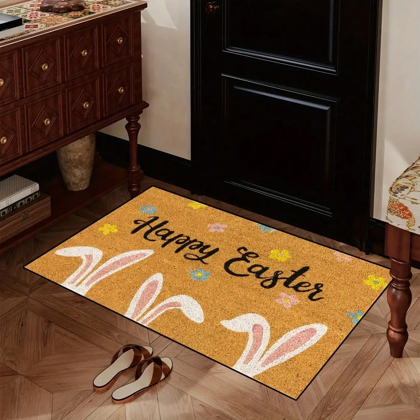 1pc Easter Bunny Ears Door - Vibrant Yellow With Pink Bunny Illustrations, Happy Easter Text, Non-Slip, Washable Polyester Fiber, Kitchen, Dining Room