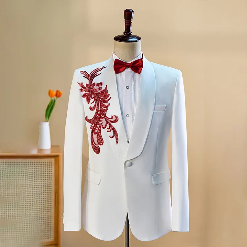 Men Wedding Suit Embroidery Blazer Pants Set Male Host Singer Chorus Stage Performance Suit Groom Banquet 2 Pieces Outfit