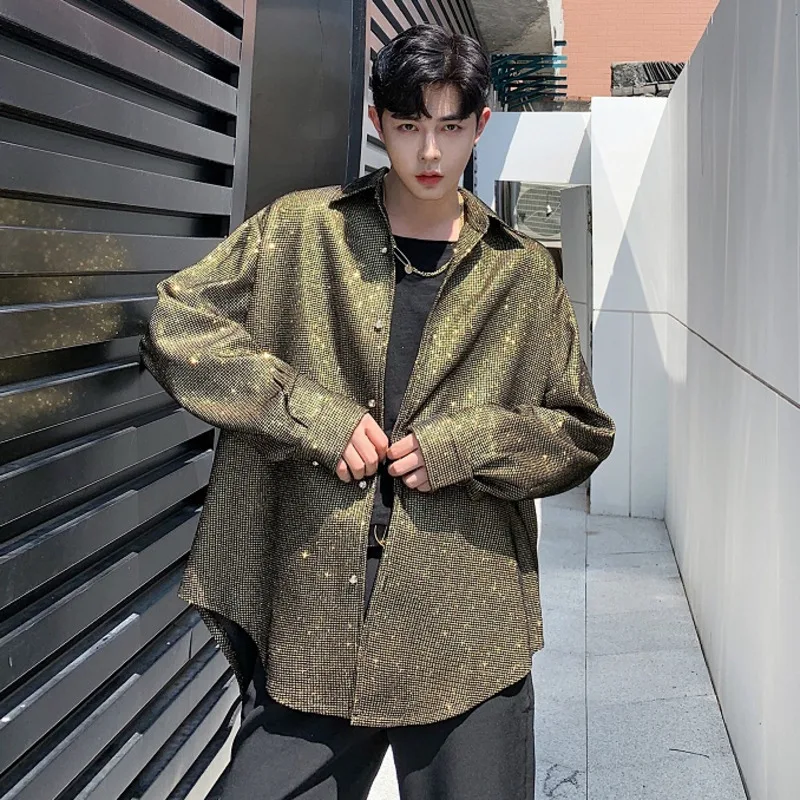 WVGA Spring Autumn New Men Trendy Personality Stylish Diamond Turn-Down Collar Shirts Niche Chic Casual Long Sleeved Tops W16032