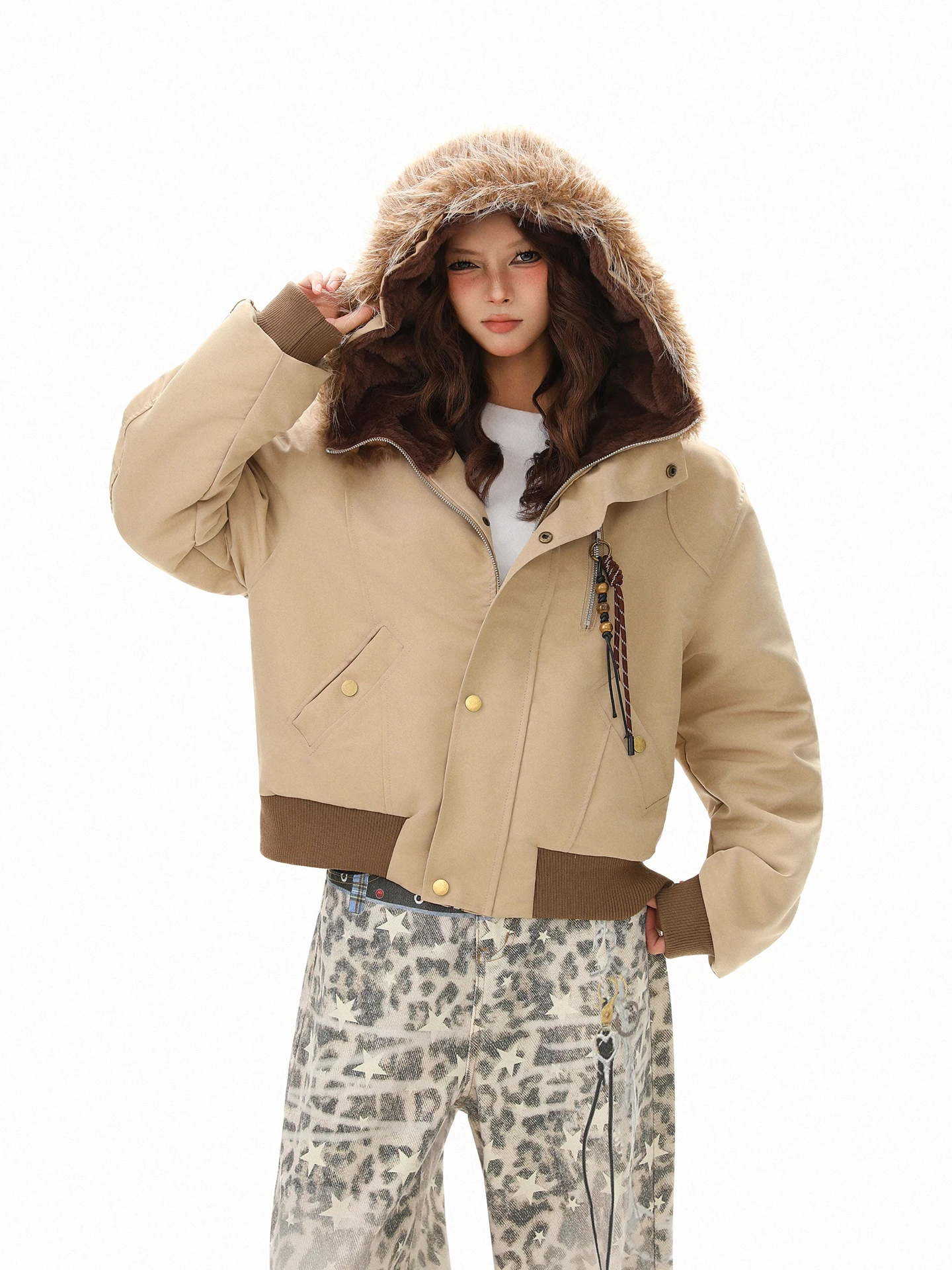 

Новая винтажная женская зимняя хлопковая куртка Boeax American Street Sle с декоративным 3D-элементом и меховым воротником