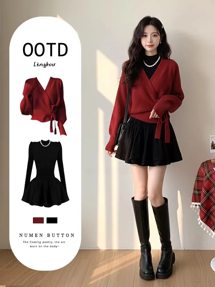 

Red Knitted Sweater And Slim Fit Dr Two Piece Set for Women Autumn Winter High Quali Faionable French Sle Casual Wear