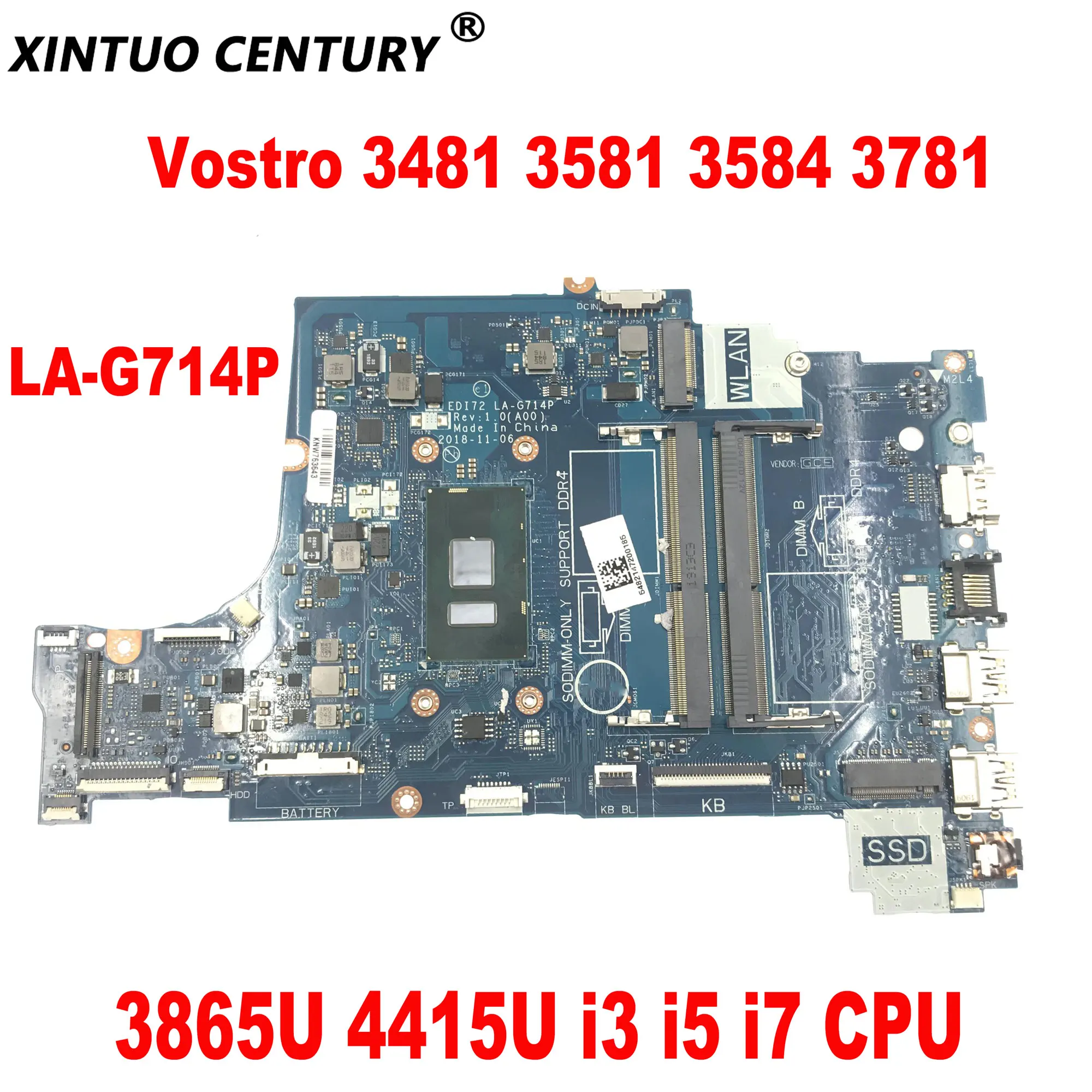 

EDI72 LA-G714P Mainboard for Dell Vostro 3481 3581 3584 3781 laptop motherboard with 3865U 4415U i3 i5 i7 CPU DDR4 100% Tested