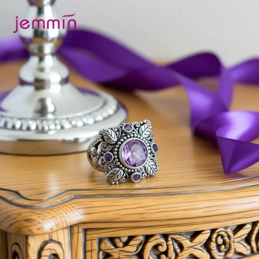 Punk Style Vintage 100% kwiat 925 srebro okrągły naturalny ametyst ślubne pierścionki zaręczynowe dla kobiet Fine Jewelry — zdjęcie 6