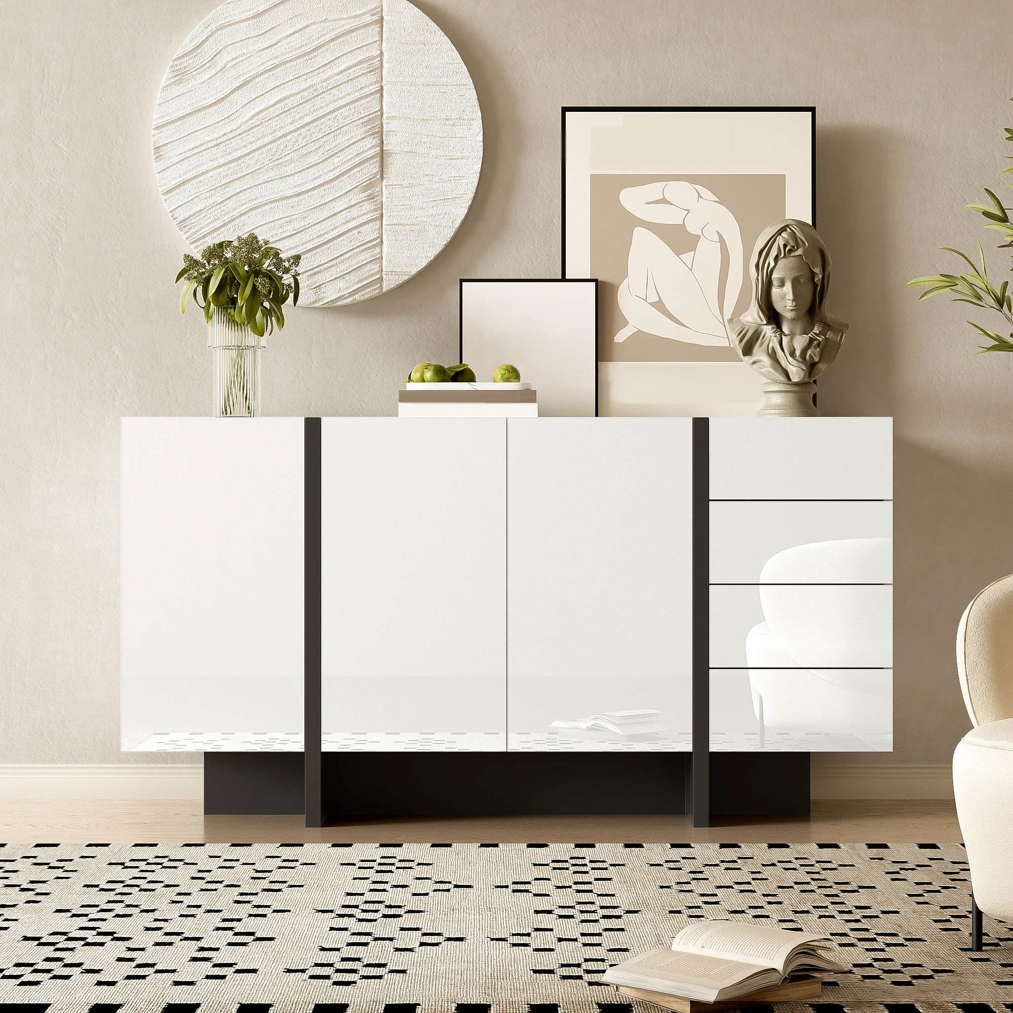 Buffet moderne blanc laqué brillant, credenza minimaliste avec 2 portes et 4 tiroirs, finition brillante facile à nettoyer, armoire de rangement élégante pour salon ou salle à manger