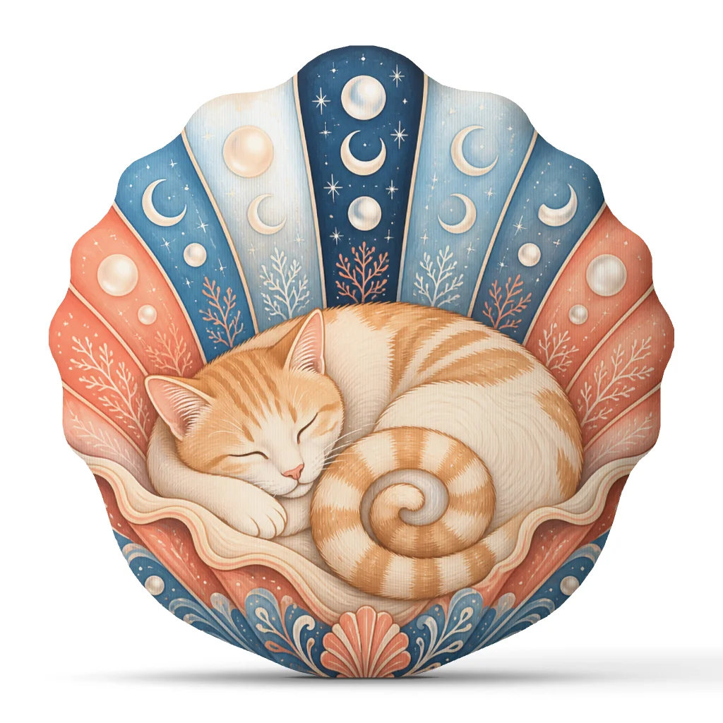 Sleeping Ginger Cat Shell Pillow Celestial Moon Cushion Coastal Plush Stuffed Throw Pillow Cat Lover Gift Beach House Decor