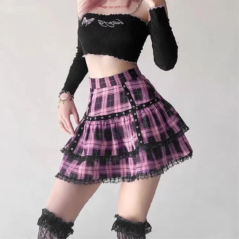 Harajuku Hottie Vintage Contrast Color Plaid Skirts Women Japanese Sweet Lace Patchwork Falda De Mujer Moda Summer Ropa Mujer