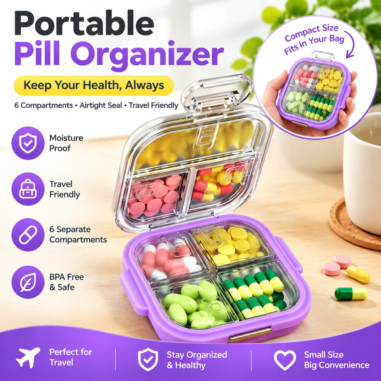 Portable Mini Pill Organizer 7 Day Medicine Box BPA Free Multi Compartment Drug Storage Case For Travel Home Daily Use