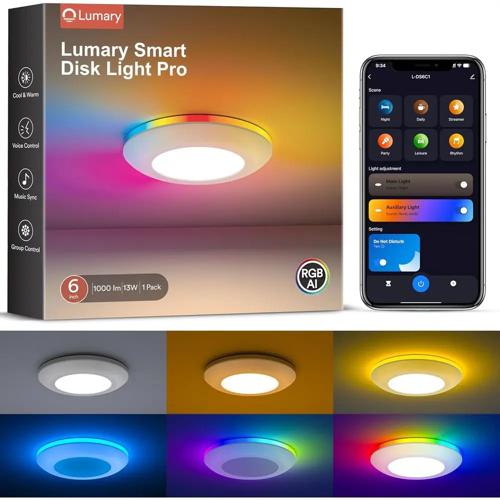 

Smart RGBAI LED Disk Light Pro, Color Changing LED Lighting with Night Light, Flexible Install Mount Ceiling Light, Works with A