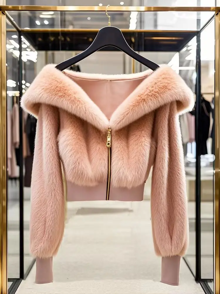 2025 Furry Cropped Faux Fur Pink Coat and Jackets Women Fluffy Top Coat Long Sleeve V Neck Casual  Korean Femme Winter Clothes