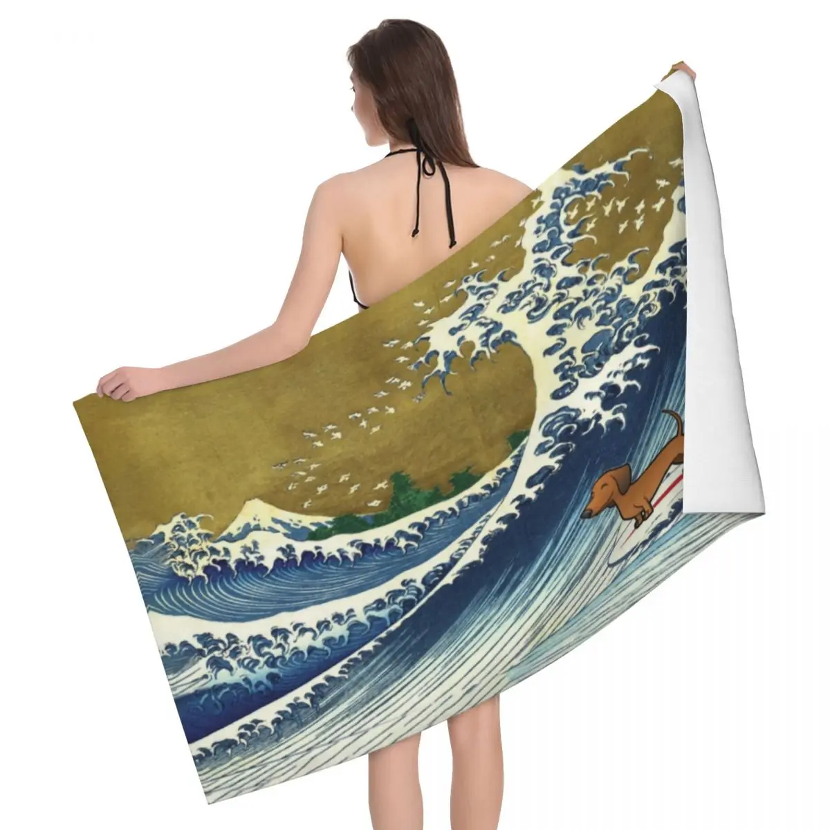 Customized Cute Dachshund Weiner Dog Surfing Beach Towel Puppy Wave Soft Linen Microfiber Pool Towels