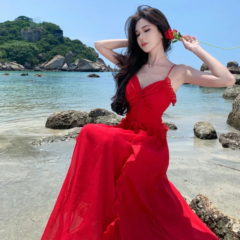 

2024 New Long Elegant Prom Chiffon Dresses Red Luxury Fairy V-Neck Strappy Vacation Dress Chic Summer Slim Graceful Women Dress