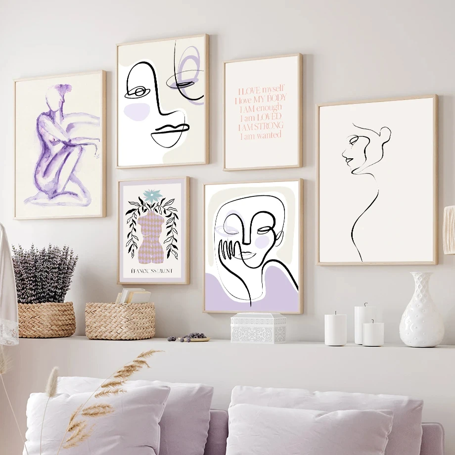 Wall Art Canvas Painting Purple Abstract Line Face Nordic Posters And Prints Home Deacoration Pictures For Living Room Salon Bar