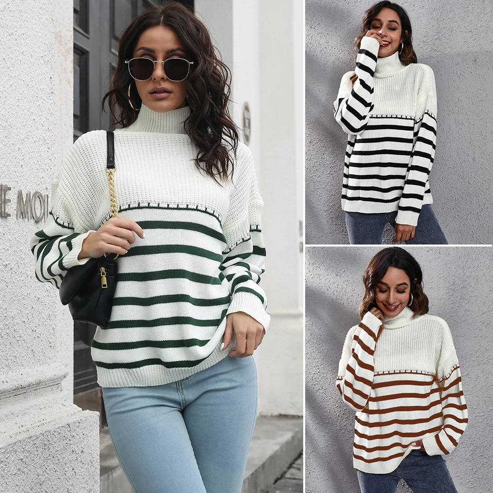 

Elegant Women's Pullover Sweaters Knitted Top Striped High Neck Sweater Womens Autumn Winter Jerséis De Mujeres Pull Hiver Femme