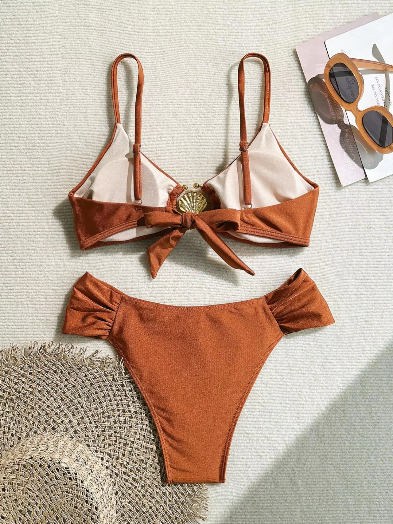 Sexy Pleate High Waist Bikini Set 2025 Women Orange Metal Buckle Push Up Two Piece Swimsuit Beach Bathing Suit Holiday Swimwear