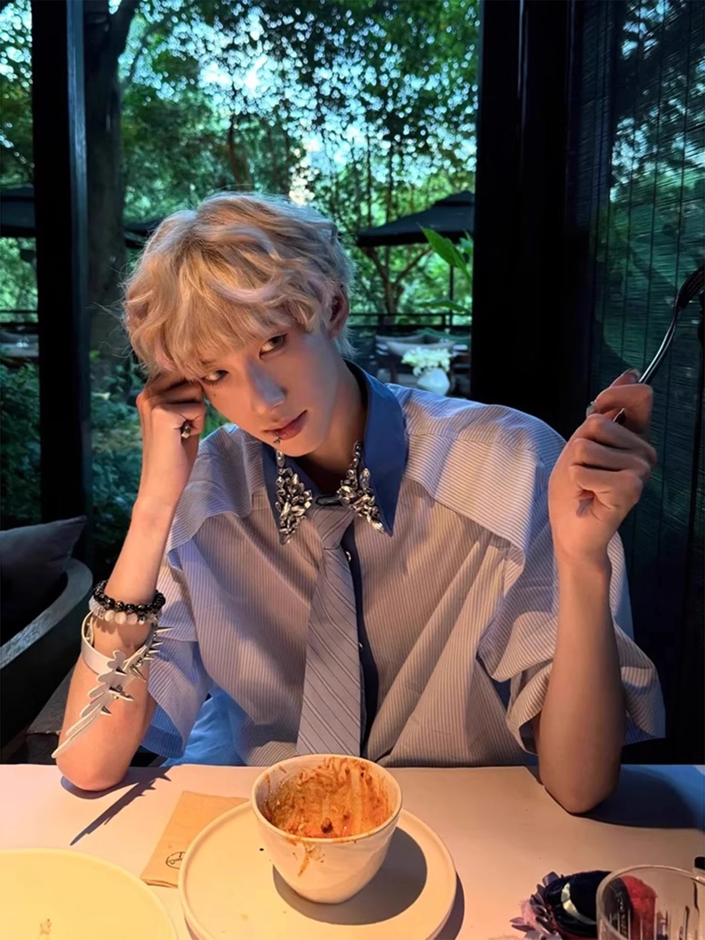 

Light Blue Metal Embedded ort Sve Men's irt Fall American Collar Tie Decoration Design Sensation Inner Wear Base irt