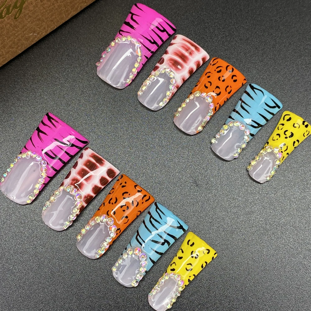 

Многоцветные эксклюзивные дизайнерские накладные ногти ручной работы из акрила, 10 шт., с эффектом ручной росписи, прочные, с УФ-гелем