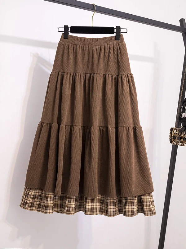 High Waist Plaid Corduroy  Skirt Women's Autumn Winter plus Size Cake Skirt American Style No  Artificial Fur Filling