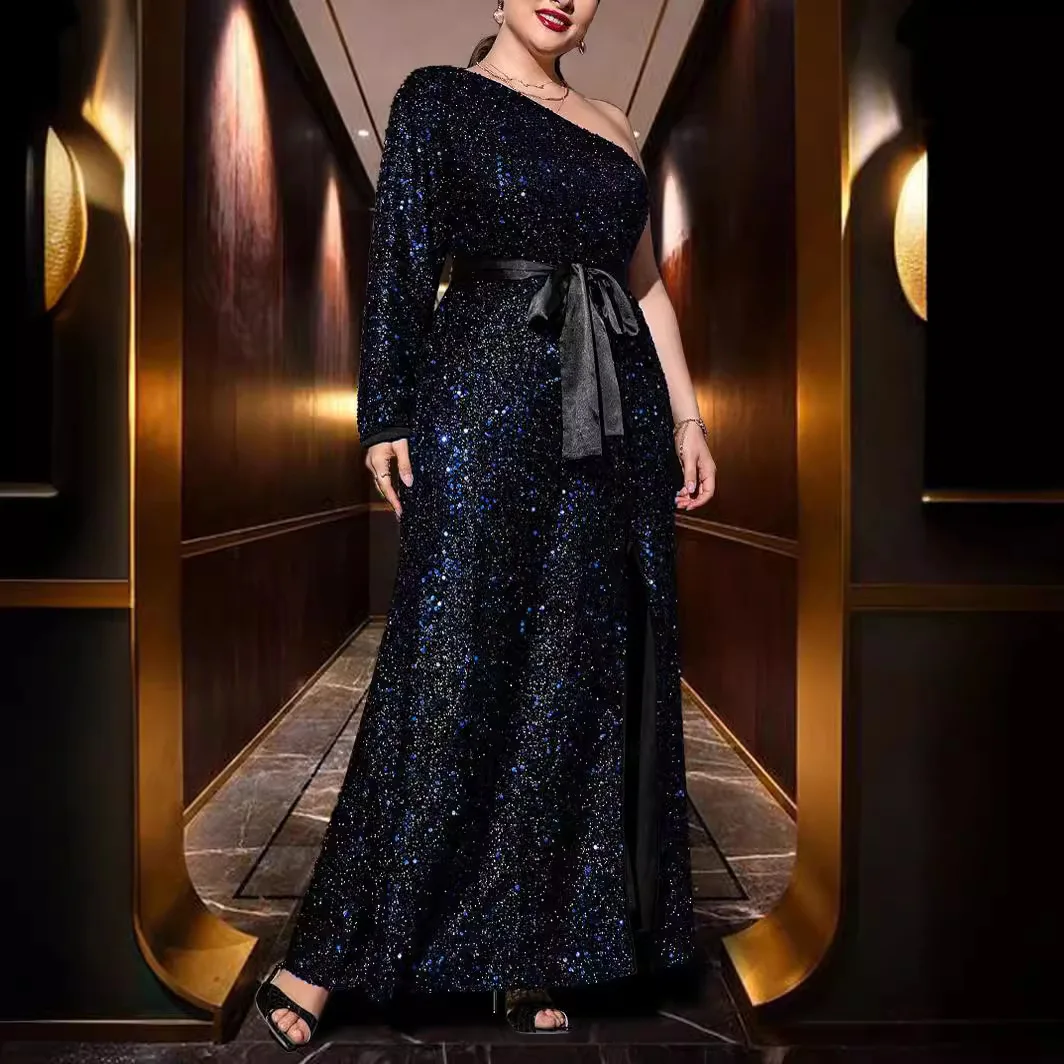 Plus Size Women Beaded Dress High Split Fashion Elegant Evening Gowns Dresses Slant Neck Solid Color Large Party Wedding Dresses