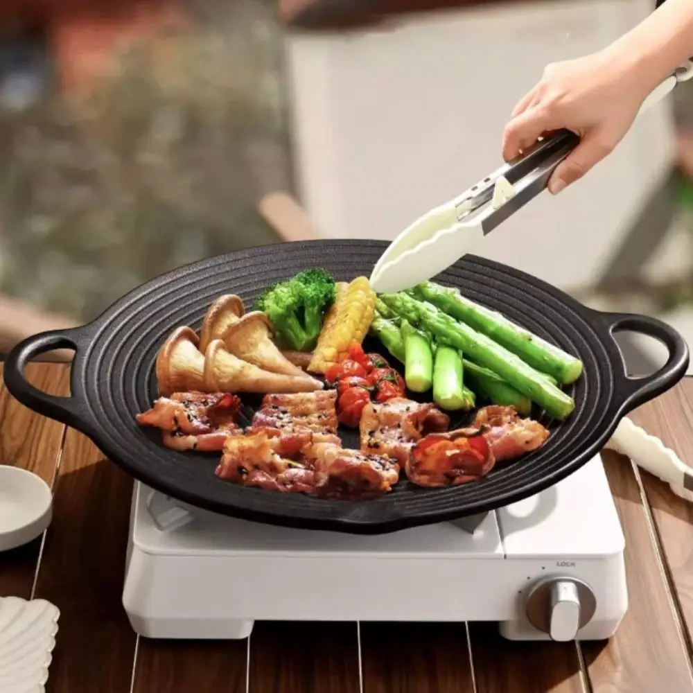 

Practical Korean Style BBQ Grill Pan Cast Iron Non Stick Grill Plate Round No Coating Barbecue Frying Pan Picnic