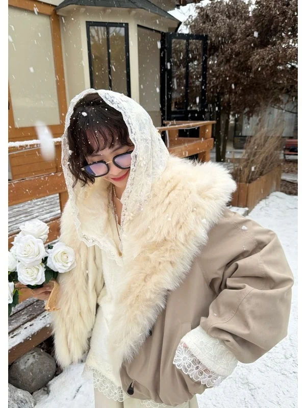 

MoNvKiKiPlus Winter Snow Goose down Jaet Coat Large Fur Collar Thi Warm Casual Sle Women's Premium Feeling Outerwear