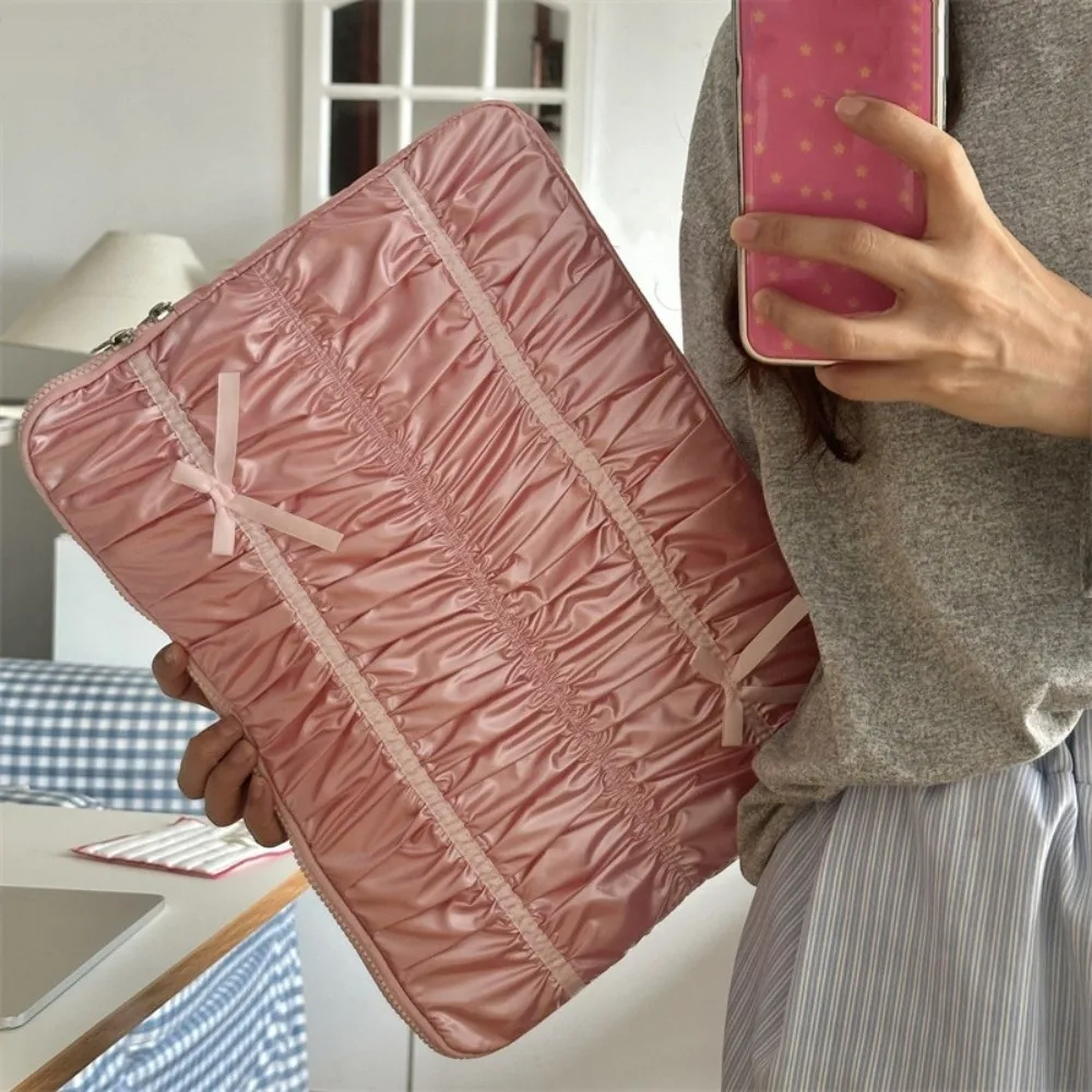 

Simple Pleated Portable Laptop Bags Bow Lightweight Laptop Case Soft Material Dual Zipper Notebook Sleeve Women's Bag