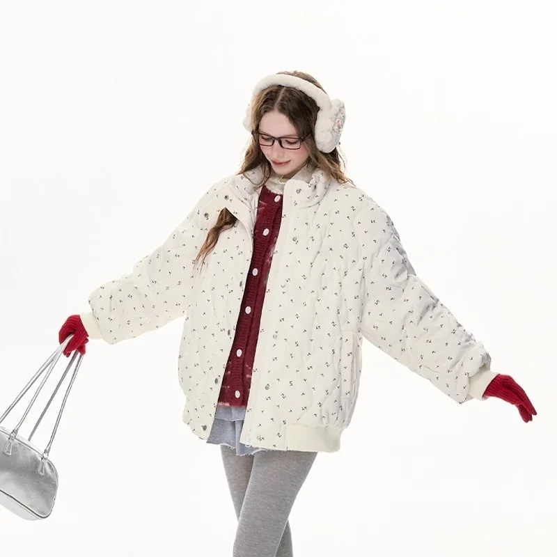 Korean Pink Floral Quilted Small Petite Down Cotton Parkas Women Stand Collar Button New Coat Fashion Warm Casual Cozy Soft