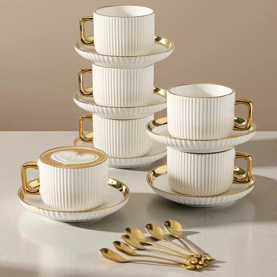 300ml Luxury Gold-Edged Ceramic Cup&saucer Set Latte Art Coffee Cup for Home Kitchen Afternoon Tea Set European Kitchenware Gift