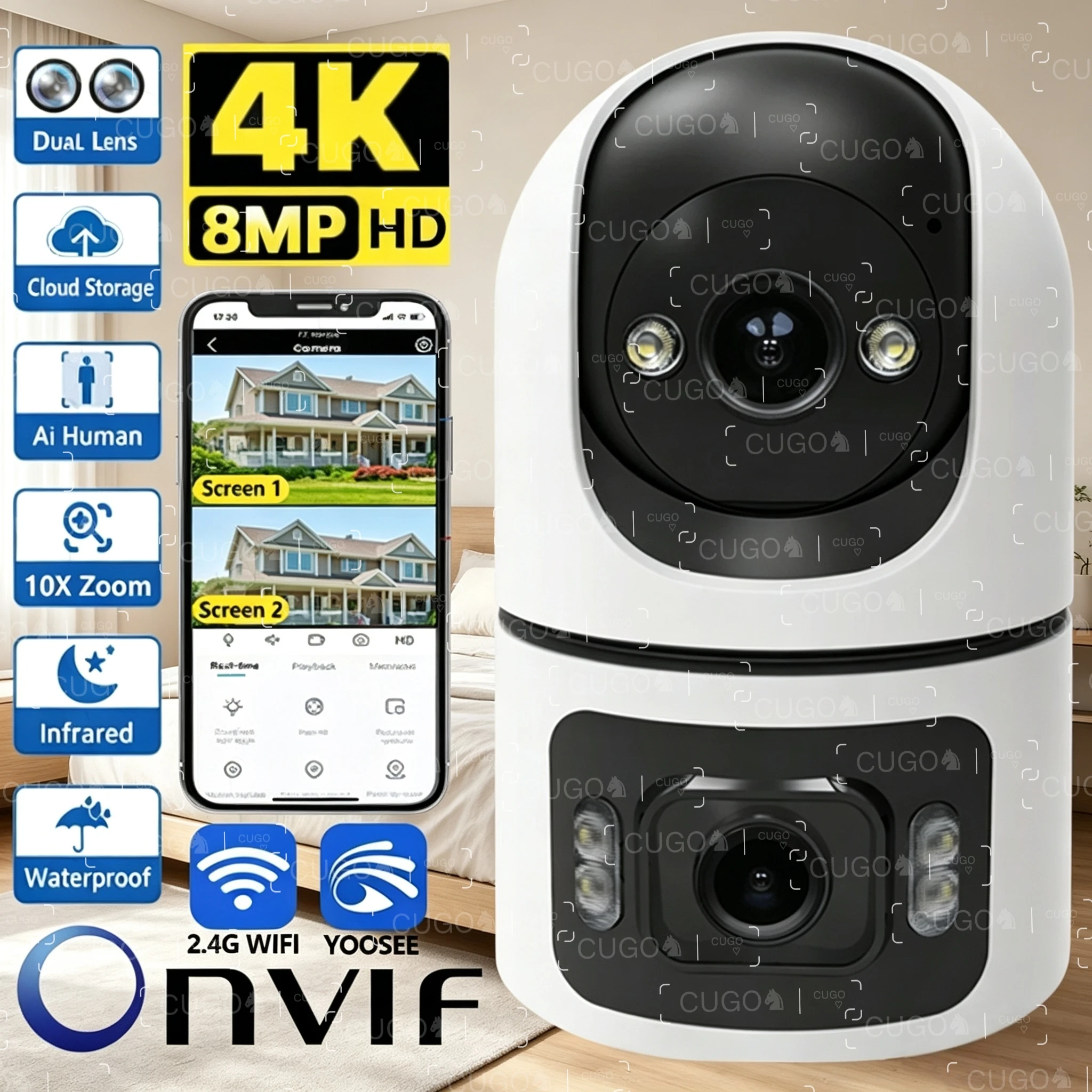 

4K 8MP Wi-Fi камера видеонаблюдения с двумя объективами, регулируемым кронштейном, двусторонней аудиосвязью, Onvif, 10-кратным зумом, беспроводная система безопасности